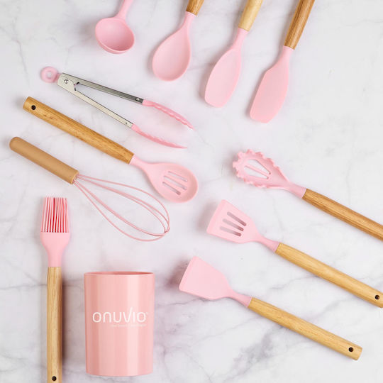 Serving Utensil Set Made of Silicone With Stand 12 Pieces Pink