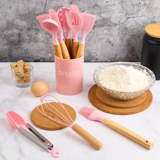 Serving Utensil Set Made of Silicone With Stand 12 Pieces Pink