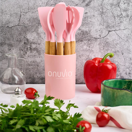 Serving Utensil Set Made of Silicone With Stand 12 Pieces Pink