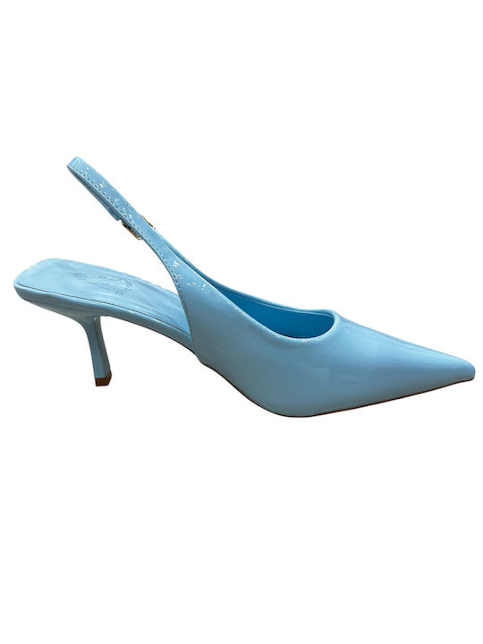 Spitze Pumps aus Lackleder mit Absatzstiletto & Riemen Hellblaue