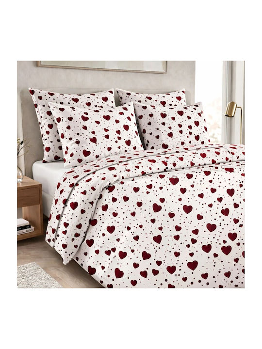 Pucioasa Set Huse Pentru Pilote 100% Bumbac 240x270cm Superdublu Cu 2 Fețe De Pernă Și 1 Cearceaf Inimi Burgundia