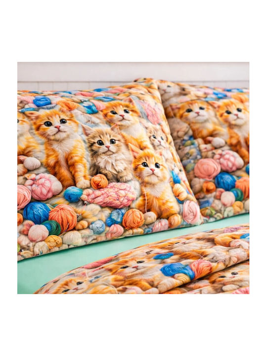 Pucioasa Set Huse Pentru Pilote Din Bumbac 200x230cm Dublu Cu 2 Fețe De Pernă Și 1 Cearșaf Playful Kittens