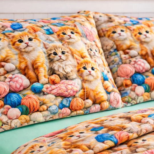 Pucioasa Cotton Satin Duvet Cover Set 200x230cm Double With 2 Pillowcases & 1 Bed Sheet Playful Kittens