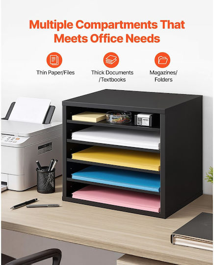 Vevor Bibliography Organizer Office Mailbox 5 Compartments Adjustable Shelves Wooden MDF Mailbox Sorter Office Storage Organizer Filing Document Paper Black