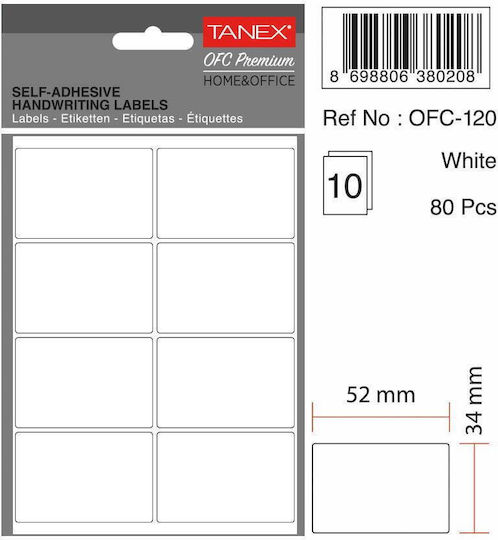 Tanex 80 Бр Самозалепващи Се Етикети В Бял Цвят 34x52mm