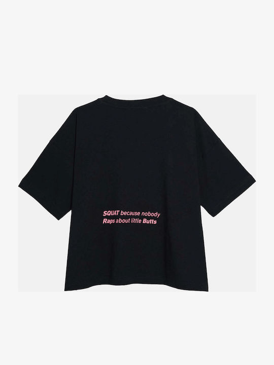 Embroidery And Silk Print Women's Oversized Crop T-shirt Striped Black