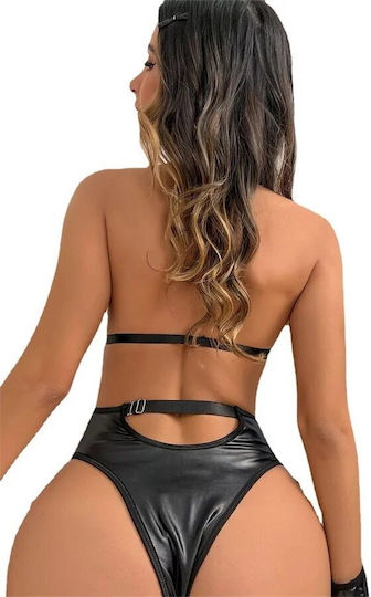 Costum Lenjerie Sexy 2 Bucăți Set Decupaje Efect Piele Lanțuri Colier Cătușe Chiloți Brazilieni Negri