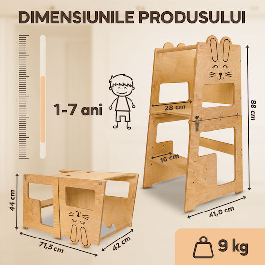 De Invatare Bunny Tip Montessori with Writing Board for Children Over 12 Months Wooden Beige Kids Table Farnora Decor