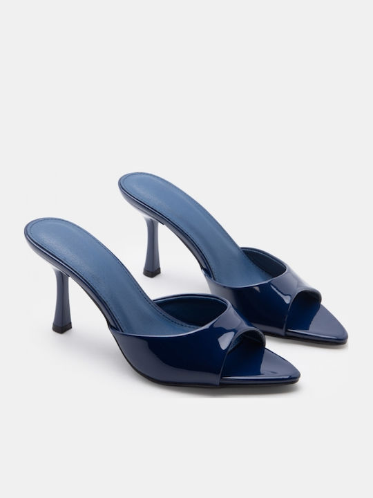 Patent Leather Mules With High Heel In Navy Blue Colour