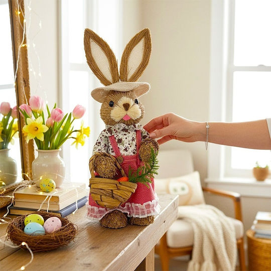 Easter Decoration Rustic Bunny Basket Made Straw Textile 28 Cm