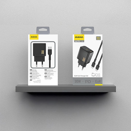 Dudao Φορτιστής GaN με Θύρα USB-C και Καλώδιο USB-C - USB-C 30W Power Delivery Μαύρος (A27PCEU)