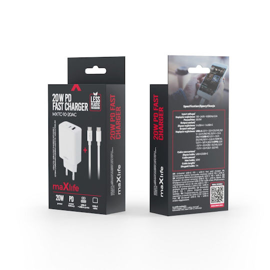 Maxlife Maxlife Handyladegerät mit USB-A und USB-C Ausgangsanschlüssen und Kabel USB-C - USB-C 20W Stromlieferung Weiß