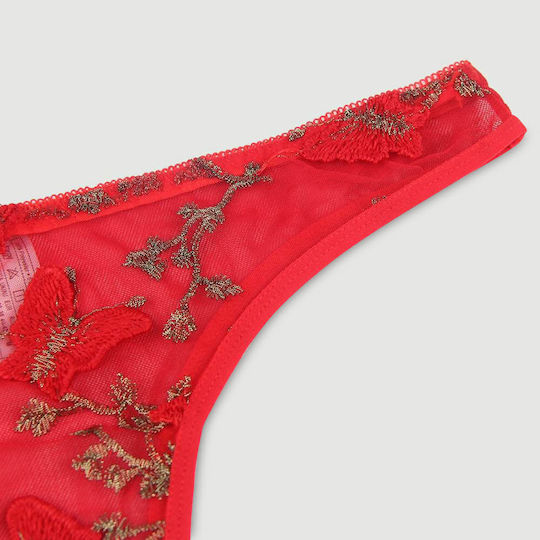 Plus Size Κόκκινο Σετ Εσώρουχα Δαντέλα & Κέντημα Butterfly Pattern Embroidery Mesh Lingerie Set Underwire Κόκκινο