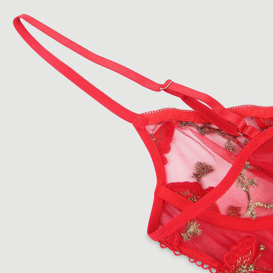 Plus Size Κόκκινο Σετ Εσώρουχα Δαντέλα & Κέντημα Butterfly Pattern Embroidery Mesh Lingerie Set Underwire Κόκκινο