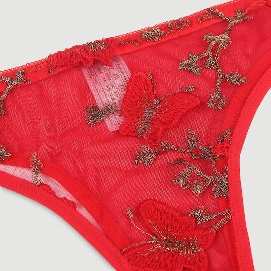 Plus Size Κόκκινο Σετ Εσώρουχα Δαντέλα & Κέντημα Butterfly Pattern Embroidery Mesh Lingerie Set Underwire Κόκκινο