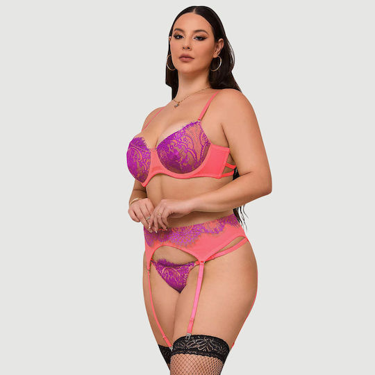 Plus Size Bra & Panty Set Lace & Rose Details Rose Spliced Eyelash Lace Bra Set Pink