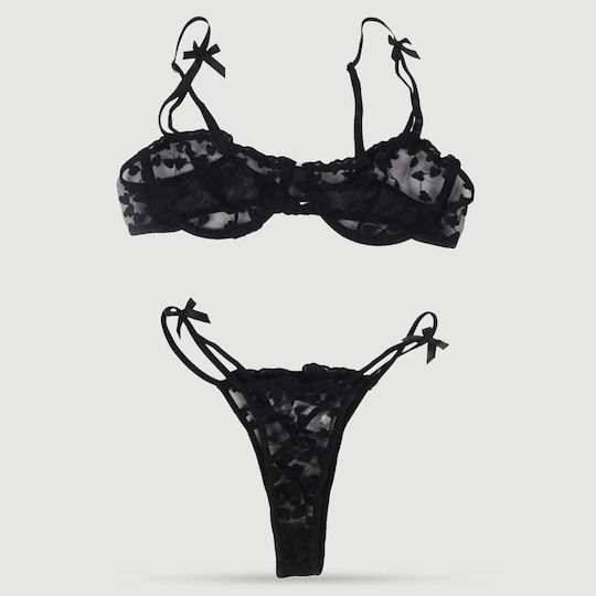 Underwire Bra Set With Transparent Mesh Flower Patterns Black