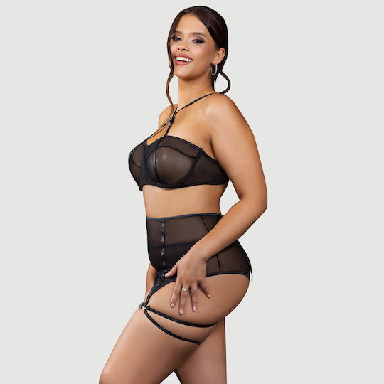 Plus Size Transparent Lingerie Set Underwire And Garters Mesh Black