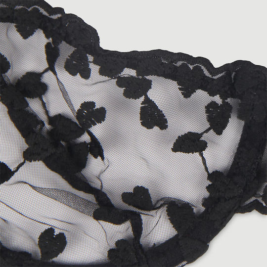 Underwire Bra Set With Transparent Mesh Flower Patterns Black