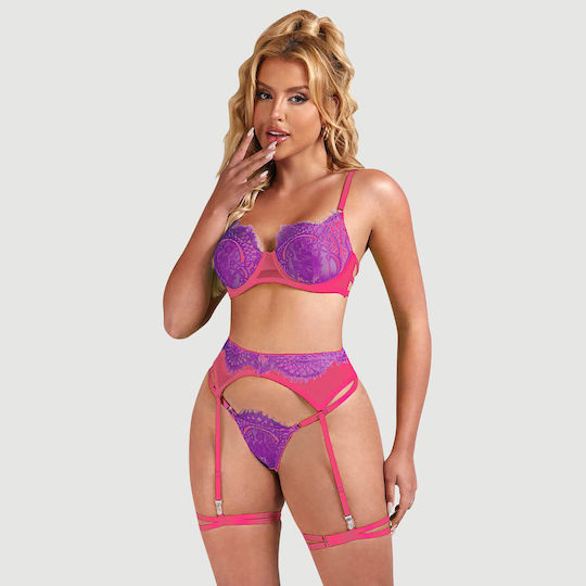 Bra And Panty Set Lace And Rose Details Rose Spliced Eyelash Lace Bra Set Pink