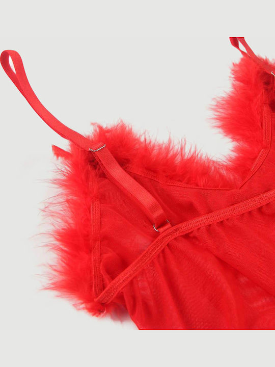 Plus Size Sexy Bodysuit with Transparency Red