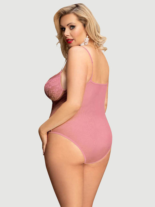 Plus Size Κορμάκι Χωρίς Μπανέλα Δαντέλα & Ανοιχτό Καβάλο Pink Lace Open Crotch Teddy Ροζ