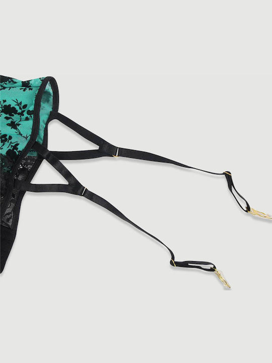 Plus Size Lace Bodysuit Garters & Underwire Flocking Lace Garter Teddy Green