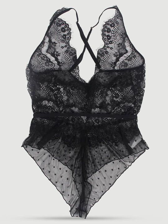 Plus Size Κορμάκι Βαθύ Ντεκολτέ & Δαντέλα Σχέδιο Sheer Teddy Teddy Lace Floral Deep V Neck Μαύρο