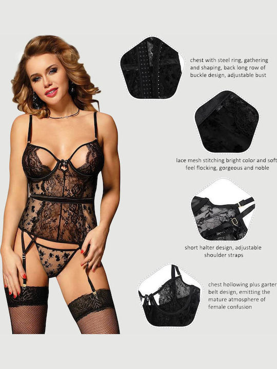 Plus Size Mit Spitze Bodysuit mit Straps & Bügel Schwarz