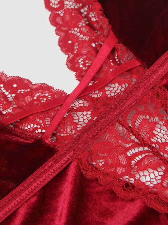 Plus Size Sexy Bodysuit Deep V Garters Velvet Stitching Teddy Red