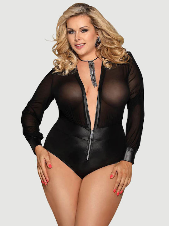 Plus Size Κορμάκι V-neck Zipper Leather Teddy Μαύρο