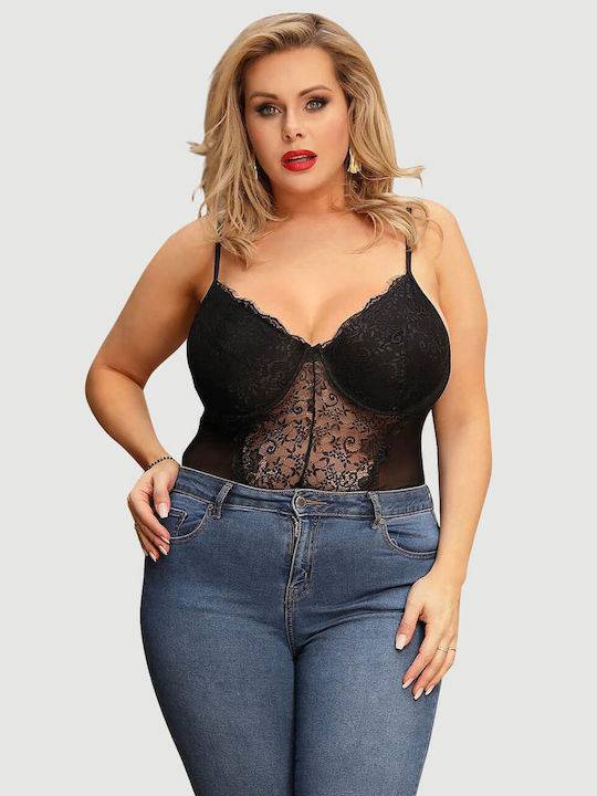 Plus Size Σέξι Κορμάκι Ανοιχτό Καβάλο & Δαντέλα Crotchless High Quality Lace Splicing Sexy Teddy Underwire Μαύρο
