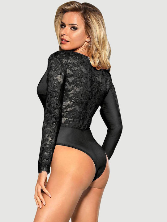 Κορμάκι Ανοιχτό Μπούστο Eyelashes Lace Open Chest Long Sleeve Teddy Μαύρο