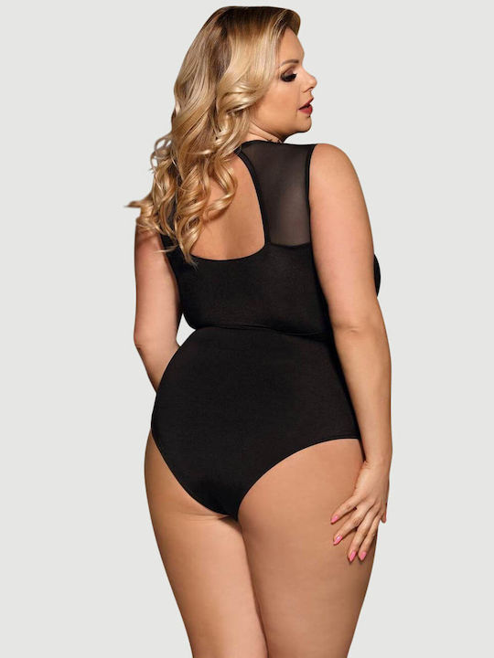 Κορμάκι Sexy Eyelash Lace Mesh Open Crotch Sleeveless Plus Size Bodysuit Μαύρο