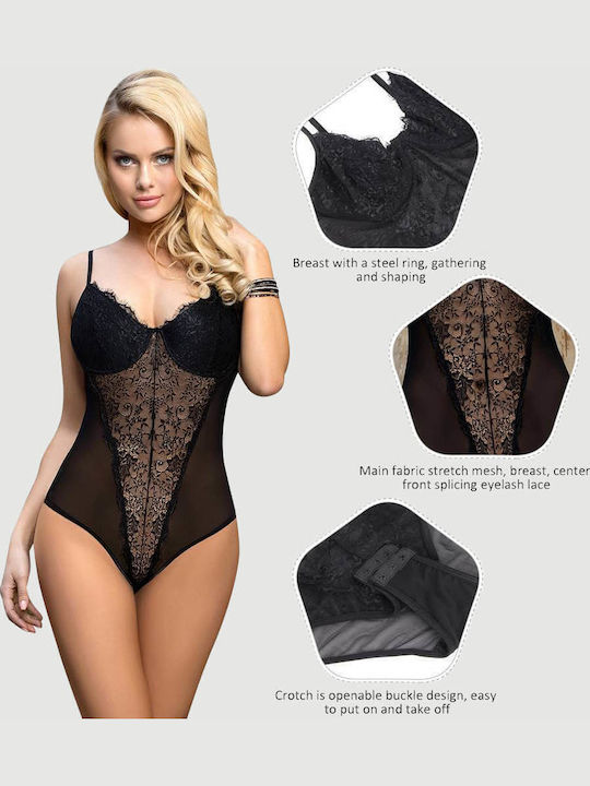 Plus Size Σέξι Κορμάκι Ανοιχτό Καβάλο & Δαντέλα Crotchless High Quality Lace Splicing Sexy Teddy Underwire Μαύρο