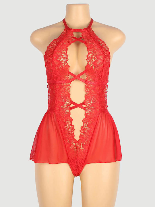 Sexy Bodysuit Dress Sexy Halter Backless Floral Patterns Teddy Lingerie Red