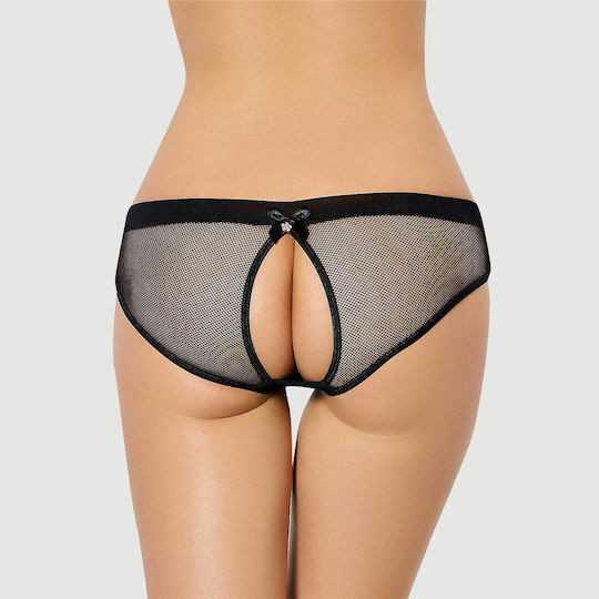 Plus Size Ανοιχτό Εσώρουχο Netted Open Back Hipster Panty Μαύρο