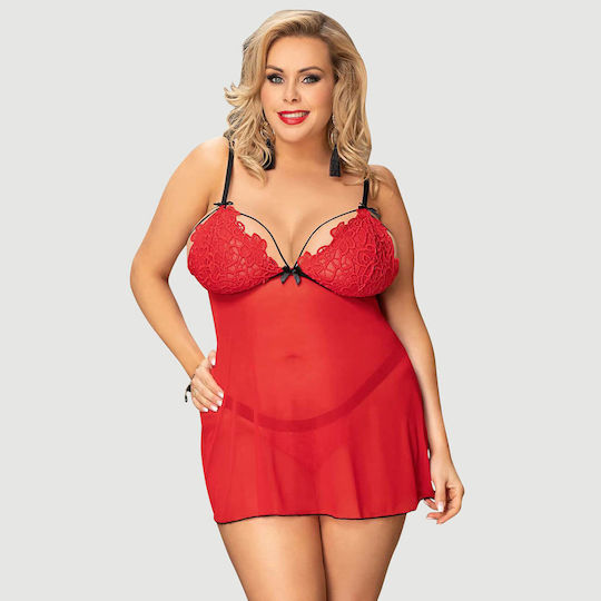 Plus Size Babydoll Lace & Delicate Embroidered Design High End Delicate Embroidery Lace Babydoll & Lingerie Set Red