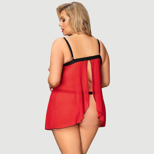 Plus Size Babydoll Lace & Delicate Embroidered Design High End Delicate Embroidery Lace Babydoll & Lingerie Set Red