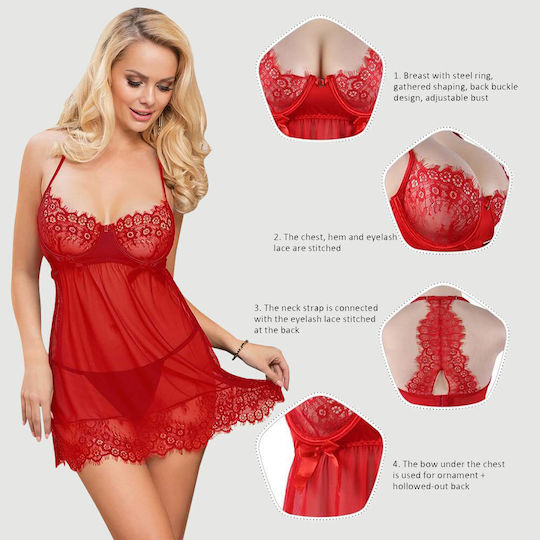 Σέξι Διαφανές Δαντελένιο Babydoll Κέντημα Sexy Sheer Floral Eyelash Trim Lace Babydoll Set Underwire Κόκκινο