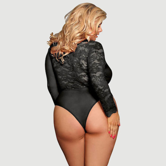 Plus Size Open Chest Eyelashes Lace Open Chest Long Sleeved Teddy Black