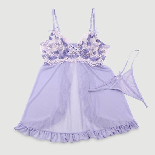 Transparent Babydoll Back Slit Embroidery Transparent Mesh Babydoll Purple