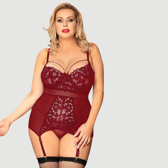 Plus Size Babydoll Garter Underwire Mesh Stitching Dark Red Lace Red