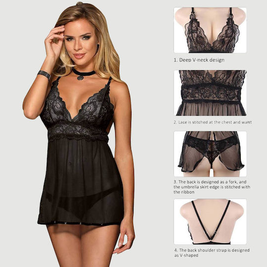Plus Size Πολυτελές Backless Fly Away Boutique Babydoll Μαύρο