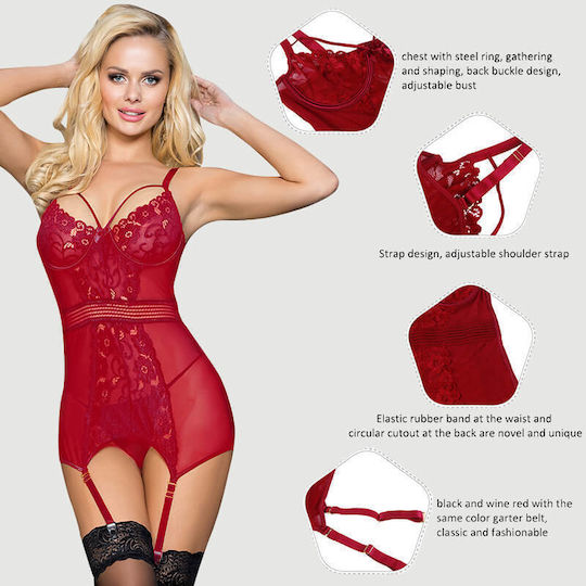Plus Size Babydoll Garter Underwire Mesh Stitching Dark Red Lace Red