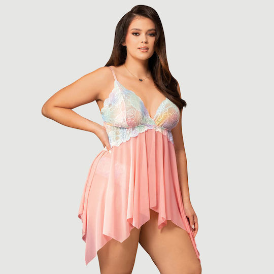 Plus Size Babydoll Διακόσμηση Λουλουδιών Orange Flower Decoration Loose Comfortable Open Front Babydoll Ροζ