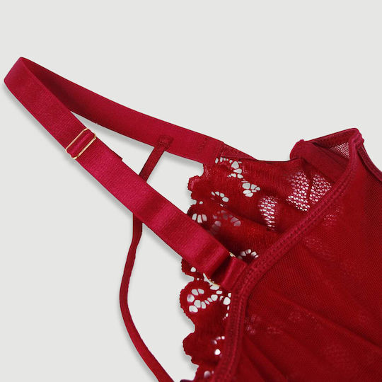 Plus Size Babydoll Garter Underwire Mesh Stitching Dark Red Lace Red
