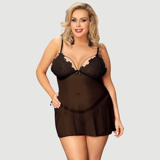 Plus Size Babydoll Δαντέλα & Λεπτό Κεντημένο Σχέδιο High End Delicate Embroidery Lace Babydoll & Lingerie Set Μαύρο