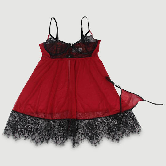 Σέξι Διαφανές Σετ Babydoll Δαντέλα & Άνοιγμα Πλάτης Sexy Splicing Sheer Eyelash Trim Lace Back Split Babydoll Set Underwire – Κόκκινο
