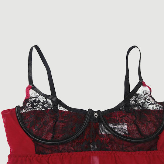 Σέξι Διαφανές Σετ Babydoll Δαντέλα & Άνοιγμα Πλάτης Sexy Splicing Sheer Eyelash Trim Lace Back Split Babydoll Set Underwire – Κόκκινο